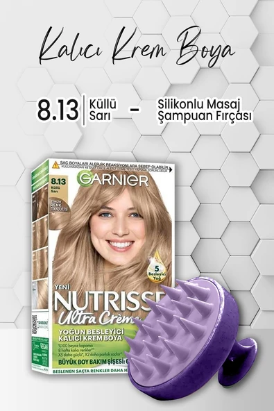 Garnier Nutrisse Yoğun Besleyici Krem Saç Boyası 8.13 Küllü Sarı ve Şampuan Fırçası Mor