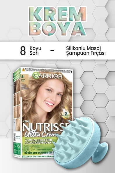 Garnier Nutrisse Yoğun Besleyici Kalıcı Krem Saç Boyası 8 Koyu Sarı ve Şampuan Fırçası Mavi ürün görseli