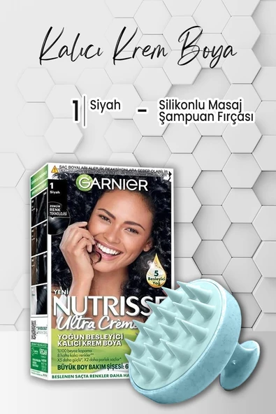 Garnier Nutrisse Yoğun Besleyici Kalıcı Krem Saç Boyası 1 Siyah ve Şampuan Fırçası Mavi