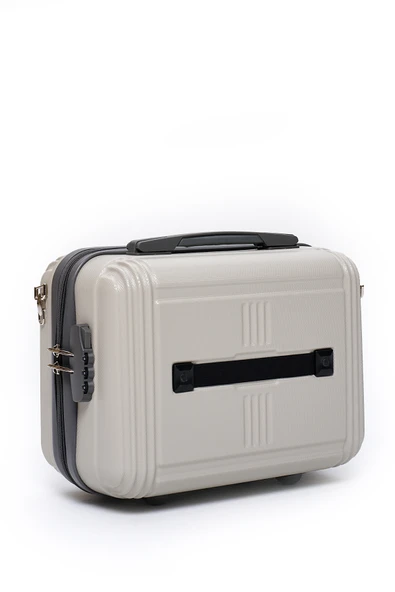 Elatae Kırılmaz Premium Kadın Makyaj Çantası Omuz Askılı Şifreli El Valizi Bej-Antrasit V303 - Resim 3