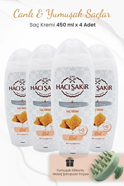 Hacı Şakir Bal Saç Kremi Canlı Ve Yumuşak Saçlar 450 ml x 4 Adet ve Şampuan Fırçası Yeşil ürün görseli