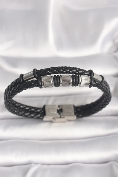 MuI MuI 316L Çelik Gümüş Renk Aksesuarlı Siyah Burgu Deri Kordon Model Erkek Bileklik
