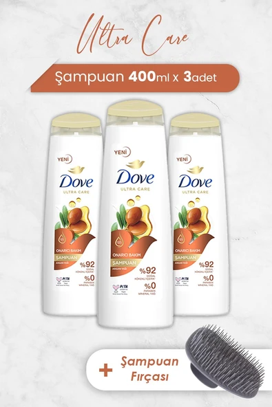 Dove Ultra Care Onarıcı Bakım Argan Yağı Şampuan 400 ml x 3 Adet ve Şampuan Fırçası - 1