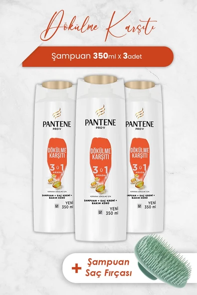 Pantene Şampuan Pro-V Dökülme Karşıtı 3' ü 1 Arada 350 ml x 3 Adet ve Şampuan Fırçası - 1