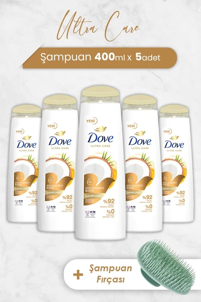 Dove Ultra Care Şampuan Hindistan Cevizi 400 ml x 5 Adet ve Şampuan Fırçası - 1
