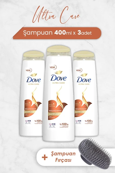 Dove Ultra Care Şampuan Besleyici Bakım 400 ml x 3 Adet ve Şampuan Fırçası - 1