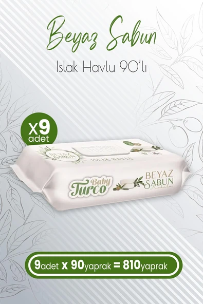 Baby Turco Islak Havlu Beyaz Sabun Kokulu 90' lı x 9 Adet (810 Yaprak)