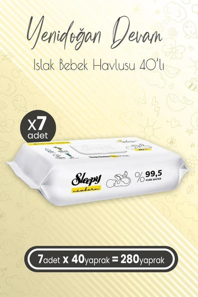 Sleepy Yenidoğan Devam Islak Bebek Bakım Havlusu 40'lı x 7 (280 Yaprak)