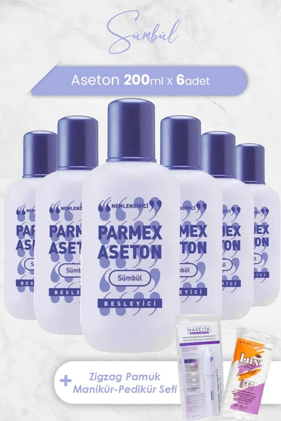 Parmex Aseton Sümbül Mor 200 ml x 6 Adet, Pratik Manikür & Pedikür Seti ve Zigzag Pamuk 100 gr