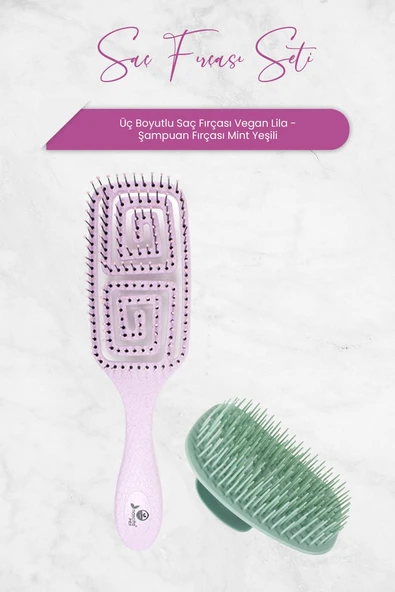 Nascita Üç Boyutlu Saç Fırçası Vegan Lila ve Şampuan Fırçası Mint Yeşili ürün görseli
