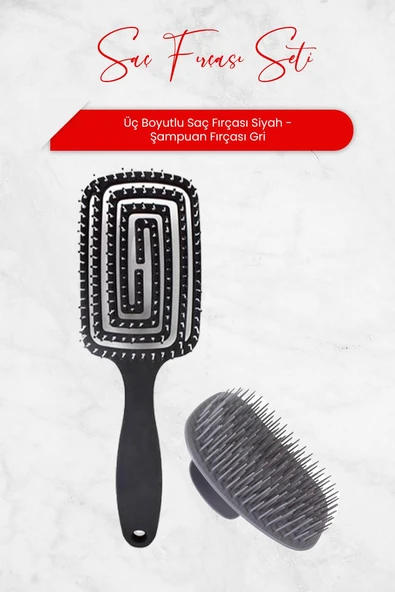 Nascita Üç Boyutlu Saç Fırçası Siyah ve Şampuan Fırçası Gri ürün görseli