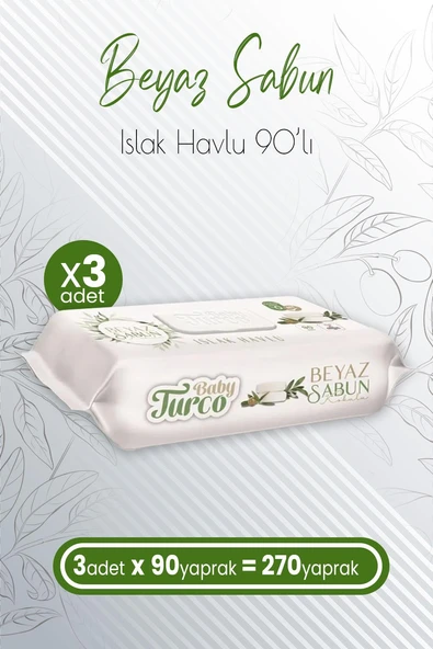 Baby Turco Islak Havlu Beyaz Sabun Kokulu 90' lı x 3 Adet (270 Yaprak)