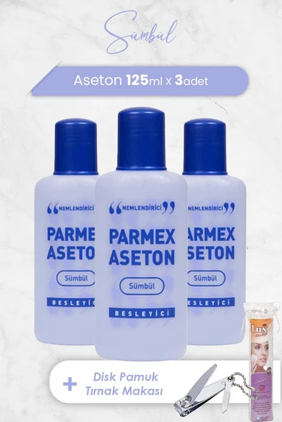 Parmex Aseton Sümbül Mor 125 ml x 3 Adet, Oval Pamuk 40'lı ve Tınak Makası