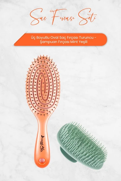 Nascita Üç Boyutlu Oval Saç Fırçası Turuncu ve Şampuan Fırçası Mint Yeşili - 1