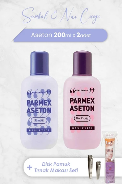 Parmex Aseton Nar Çiçeği ve Sümbül 200 ml, Disk Makyaj Pamuğu 100'lü ve Tırnak Makası Seti
