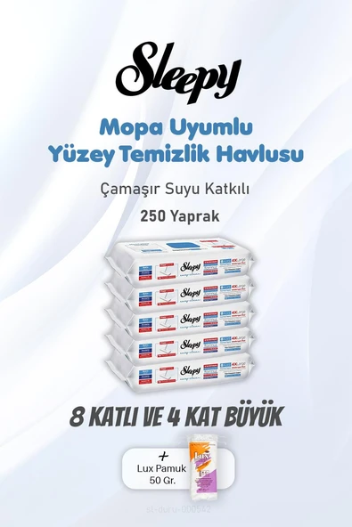 Sleepy 250 Yaprak Çamaşır Suyu Katkılı Yüzey Temizlik Havlusu ve Pamuk, ürün görseli