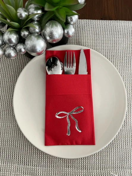 Gümüş Yaldızlı Kırmızı Cepli Fiyonk Peçete 12 Adet ürün görseli 1