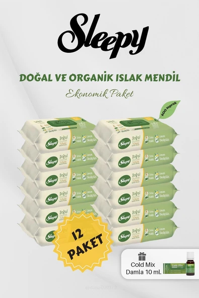 Organik 50' li Islak Mendil 12 Paket Yeşil Cold Mix Hediyeli