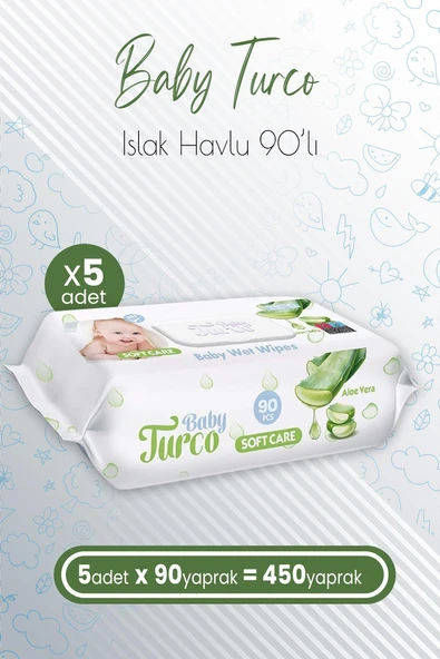 Baby Turco Soft Care Bebek Islak Havlu Aloe Vera 90' lı x 5 Adet (450 Yaprak)