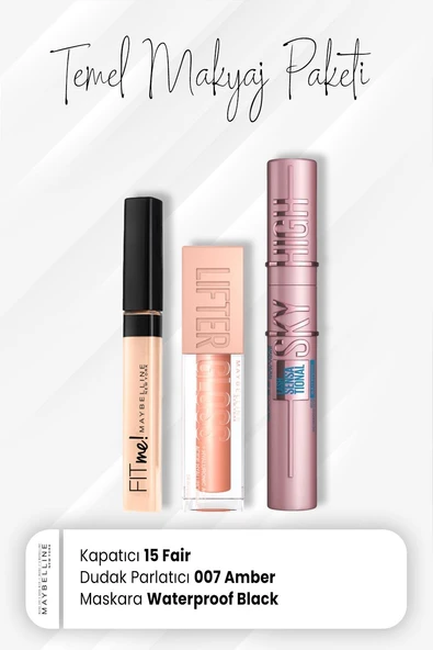 Maybelline New York Fit Me Kapatıcı 15, Sky High Waterproof Maskara Black ve Dudak Parlatıcı 007 Amber