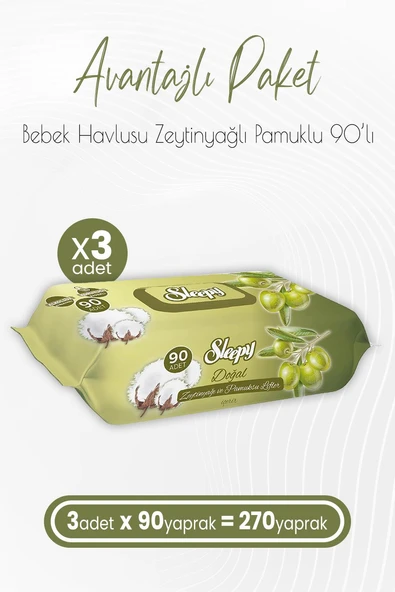 Sleepy Zeytinyağlı ve Pamuklu Islak Bebek Havlusu 90 Yaprak x 3 (270 Yaprak) ürün görseli