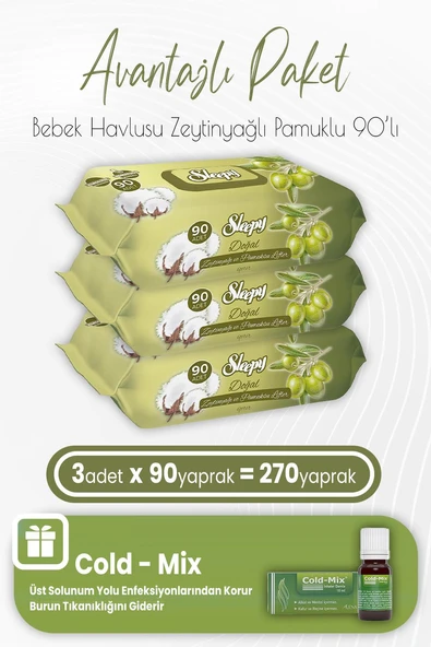 Sleepy Zeytinyağlı Pamuklu Bebek Havlusu 90 x 3 (270 Yaprak) ve İnhaler Damla (Yeşil)