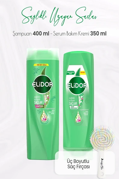 Elidor Superblend Sağlıklı Uzayan Saçlar Şampuan 400 ml, Serum Bakım Kremi 350 ml ve Üç Boyutlu Saç Fırçası
