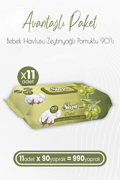 Sleepy Zeytinyağlı ve Pamuklu Islak Bebek Havlusu 90 Yaprak x 11 (990 Yaprak)