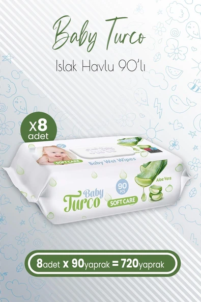 Baby Turco Soft Care Bebek Islak Havlu Aloe Vera 90' lı x 8 Adet (720 Yaprak)