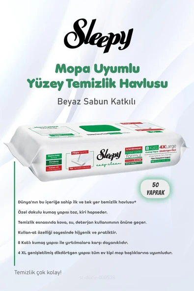 Sleepy Yüzey Temizlik Mendili 8 Katlı 4 X Large 400 Yaprak ve Pamuk - Resim 2