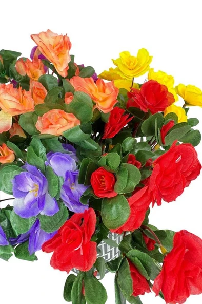 Nettenevime Yapay Çiçek Seramik Gri Saksıda Renkli Açelya Çiçekleri Aranjmanı - Resim 7