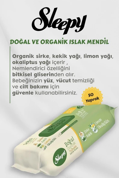 Sleepy Organik Islak Mendil ve Yüzey Temizlik Havlu Seti, 50 Gram Pamuk Hediyeli - Resim 5