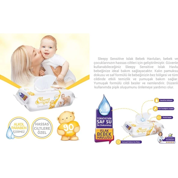 Sleepy Islak Havlu Mendil 90 Yaprak 20 Li Set Sensitive Plastik Kapaklı - Resim 3