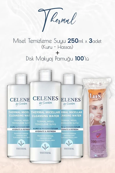 Celenes By Sweden Thermal Temizleme Suyu Kuru Hassas 250 ml x 3 Adet ve Disk Pamuk 100'lü