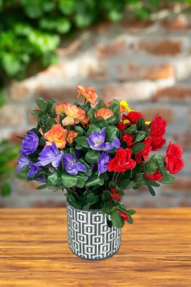 Nettenevime Yapay Çiçek Seramik Gri Saksıda Renkli Açelya Çiçekleri Aranjmanı ürün görseli 1