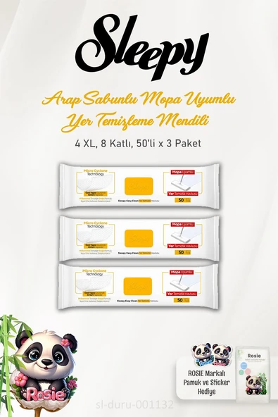Sleepy 3'lü Arap Sabunu Katkılı Mopa Uyumlu 4 XLarge Yer Temizlik Havlusu 50 Yaprak ve ROSIE Pamuk ürün görseli