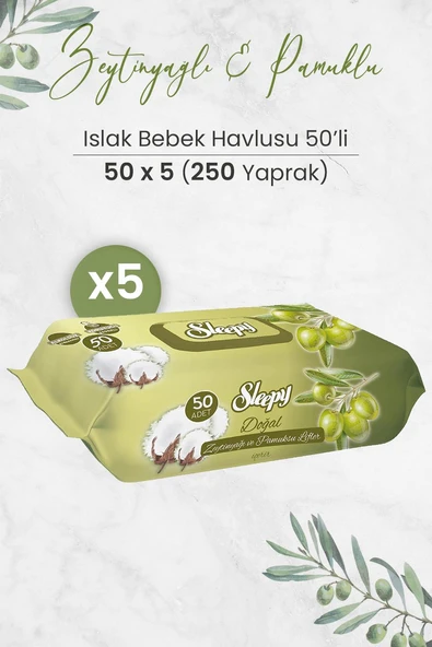 Sleepy Doğal Zeytinyağlı Ve Pamuklu Islak Bebek Havlusu 50 x 5 Adet (250 Yaprak)