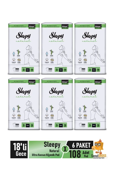 Natural Ultra Hassas Hijyenik Ped 18'li Gece X 6 Paket ürün görseli
