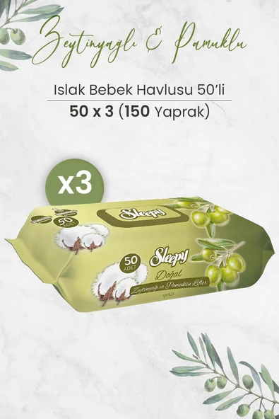 Sleepy Doğal Zeytinyağlı Ve Pamuklu Islak Bebek Havlusu 50 x 3 Adet (150 Yaprak) ürün görseli