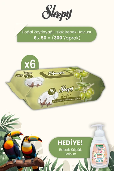 Sleepy Doğal Zeytinyağlı Ve Pamuklu Islak Bebek Havlusu 50 Yaprak x 6 Adet ve Baby Köpük Sabun ürün görseli