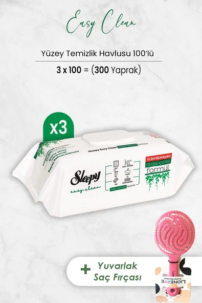 Sleepy Easy Clean Yüzey Temizlik Havlusu 100' lü x 3 Adet ve Saç Fırçası Yuvarlak Pembe ürün görseli