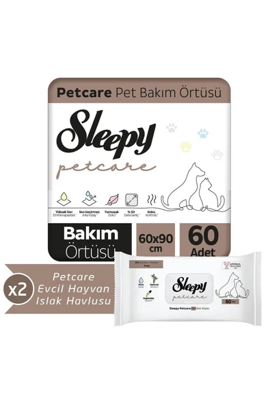 Sleepy 30'lu Pet Bakım Örtüsü x 2, 60'lı Evcil Hayvan Islak Havlusu x 2 Adet - 2