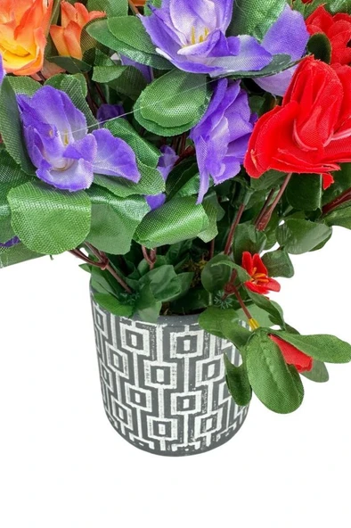 Nettenevime Yapay Çiçek Seramik Gri Saksıda Renkli Açelya Çiçekleri Aranjmanı - Resim 5