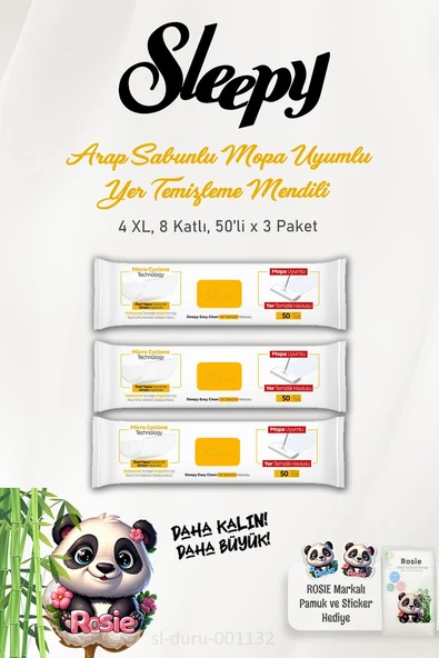 Sleepy 2'li Arap Sabunu Katkılı Mopa Uyumlu 4 XLarge Yer Temizlik Havlusu 50 Yaprak ve ROSIE Pamuk - 1