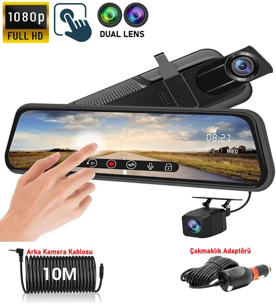 MPIA CC63 10" Dokunmatik Ekran FullHD 1080P Hafıza Araç Içi Çift Lens Kamera (Çakmaklık Adaptörü)