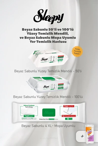 Sleepy Mopa Uyumlu 4 XL 50 li, Easy Clean Yüzey Mendili 2 Adet ve Pamuk ürün görseli