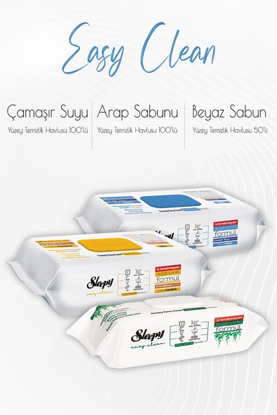 Sleepy Easy Clean Yüzey Temizlik Havlusu 50'li ,Çamaşır Suyu Katkılı 100'lü ve Arap Sabunu Katkılı 100' lü ürün görseli