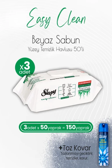 Sleepy Easy Clean Yüzey Temizlik Havlusu 50' li x 3 Adet ve Toz Kovar ürün görseli