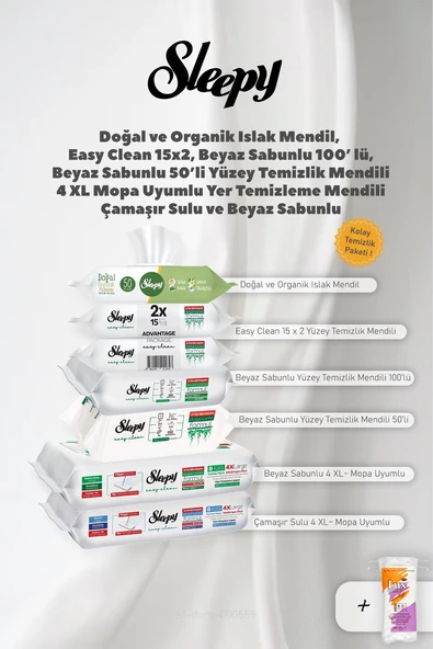 Sleepy Yüzey Temizlik Havlu Seti 5 Paket ve Organik Mendil, Hediye 50 Gram Pamuk