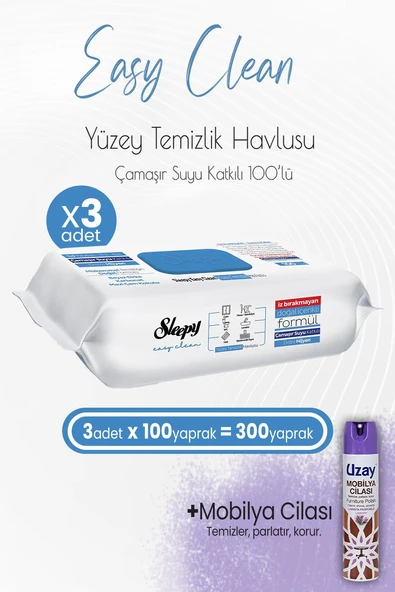 Sleepy Easy Clean Yüzey Temizlik Havlusu Çamaşır Suyu Katkılı 100' lü x 3 Adet ve Mobilya Cilası Lavanta